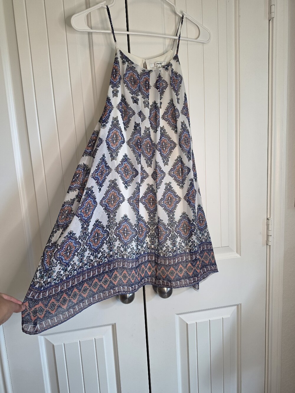 Papaya Tile Print Asymmetrical Shift Top Blue Orange Large